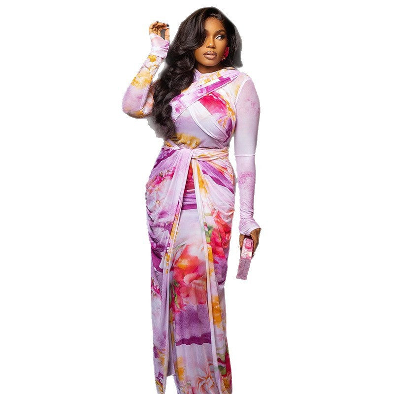 Slim-fit Wrap Bodycon Pleated Long-sleeve Dress