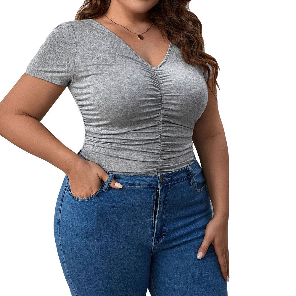 Women's Slim Fit V-Neck Solid Color Short Sleeve T-Shirt