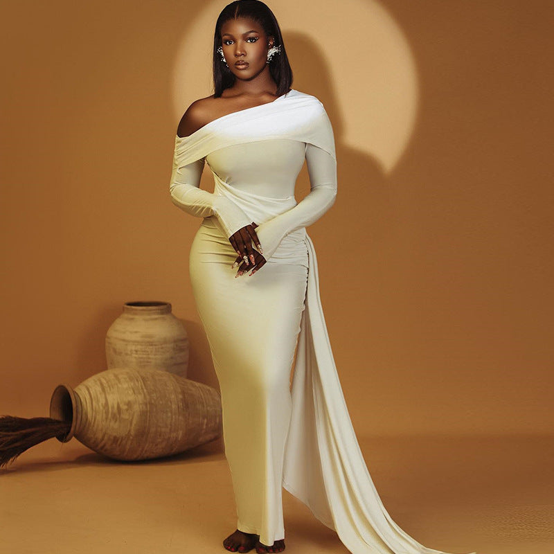 Women's Solid Color Dress With Diagonal Neckline Exposing One Shoulder Long Sleeve