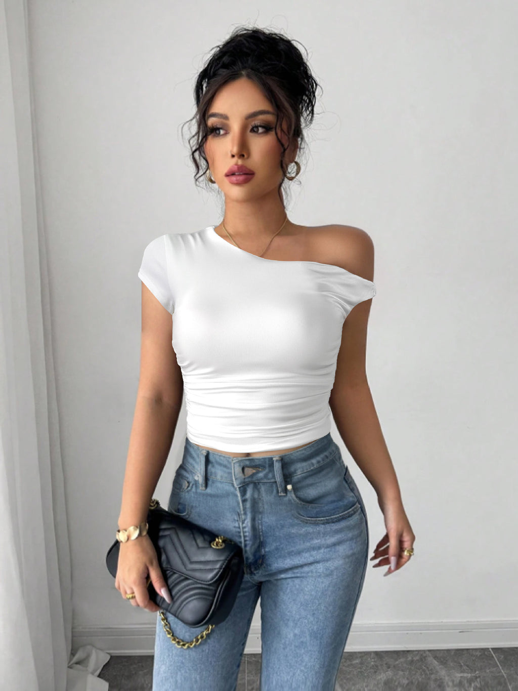 New Sexy Women's Top With Oblique Shoulder Neckline