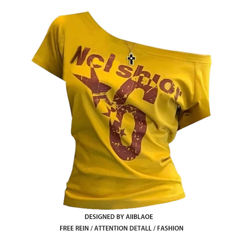 Oblique Shoulder Printed Short Sleeve Summer Slim-fit Crop-top