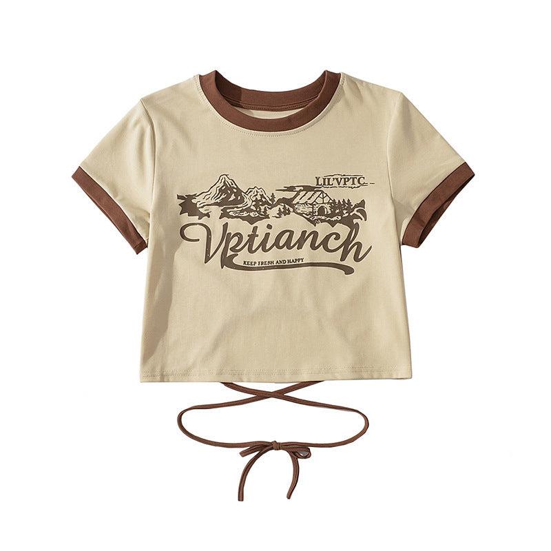 Women Print Front Contrast Trims Crop T-shirt With Lace Up Back Detail