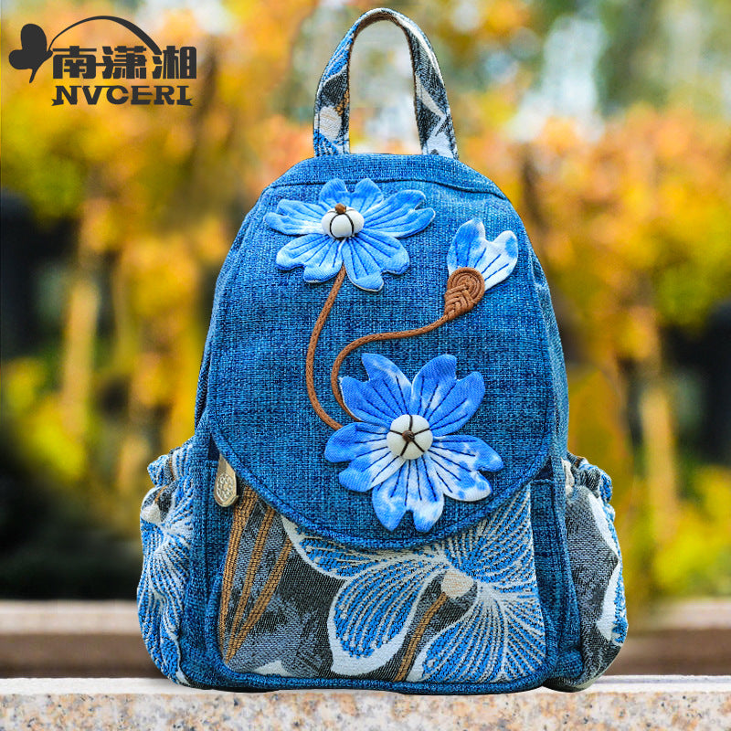 Women's Cotton Linen Canvas Ethnic Handicraft Tie-dyed Blue Art Backpack