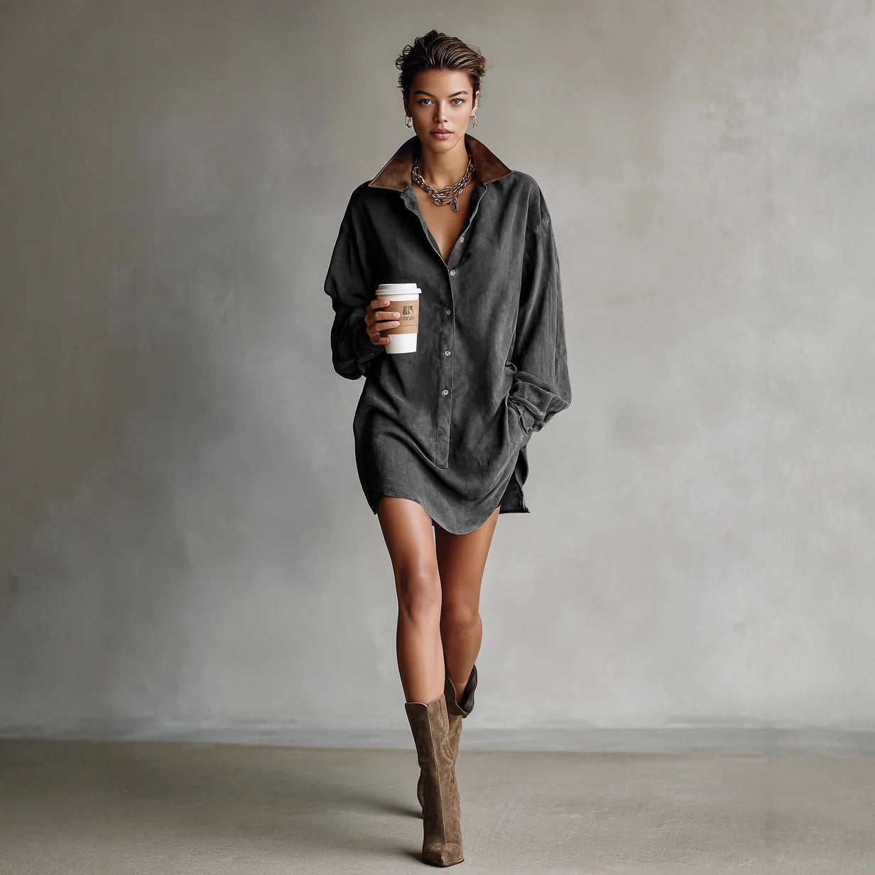 Women's Retro Loose-Fit French-Style Shirt Dress