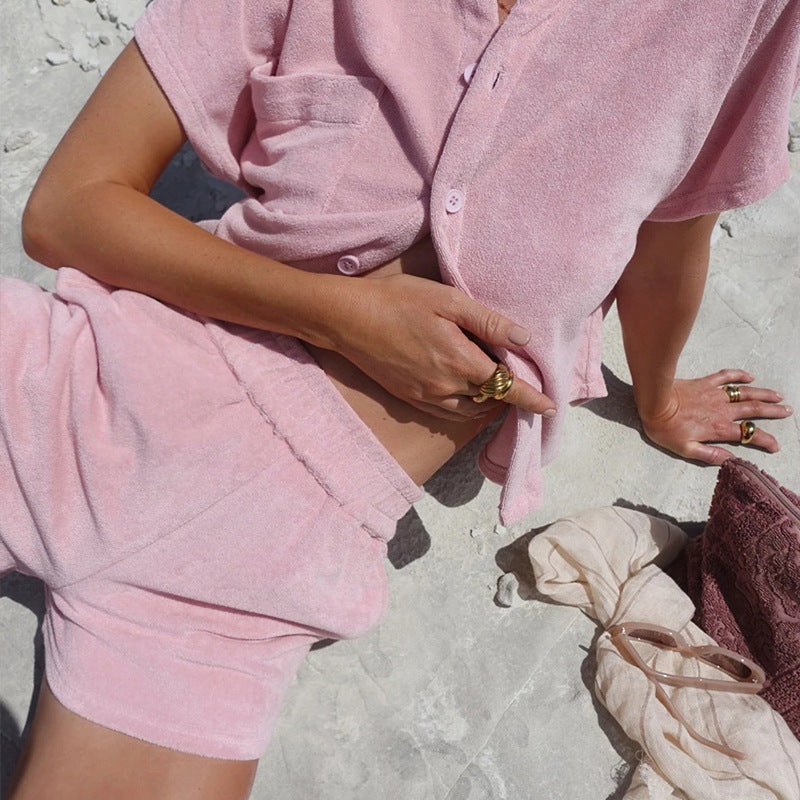 Women's Solid-Colored Single-Breasted Loose-Fitting  Fashionable Casual Homewear Set