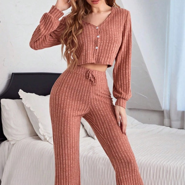 Casual Button Long Sleeve Pants Women's Pajama Set