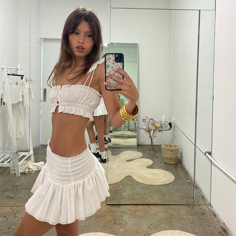 Flying Sleeves Camisole Pleated Skirt Skirt Outfit Women