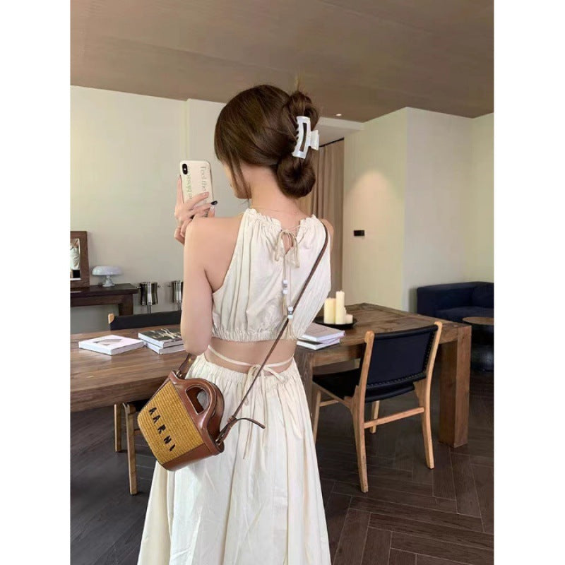 Womens Hollowed-Out Midriff-Baring Halter-Neck Slip Dress