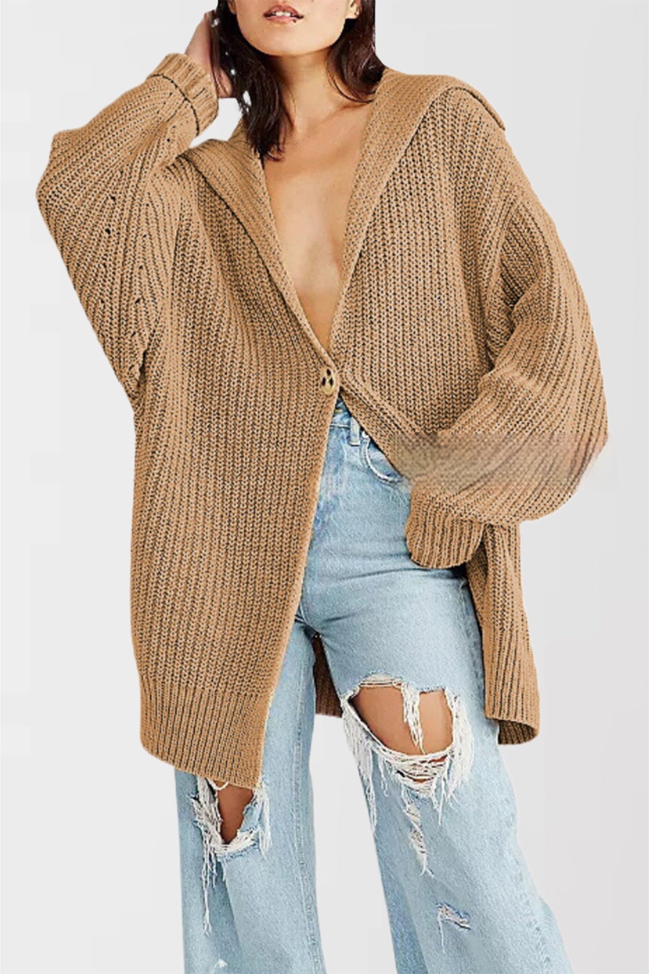 Women's Fashionable Lapel-Neck Loose-Fit Plus-Size Sweater Coat
