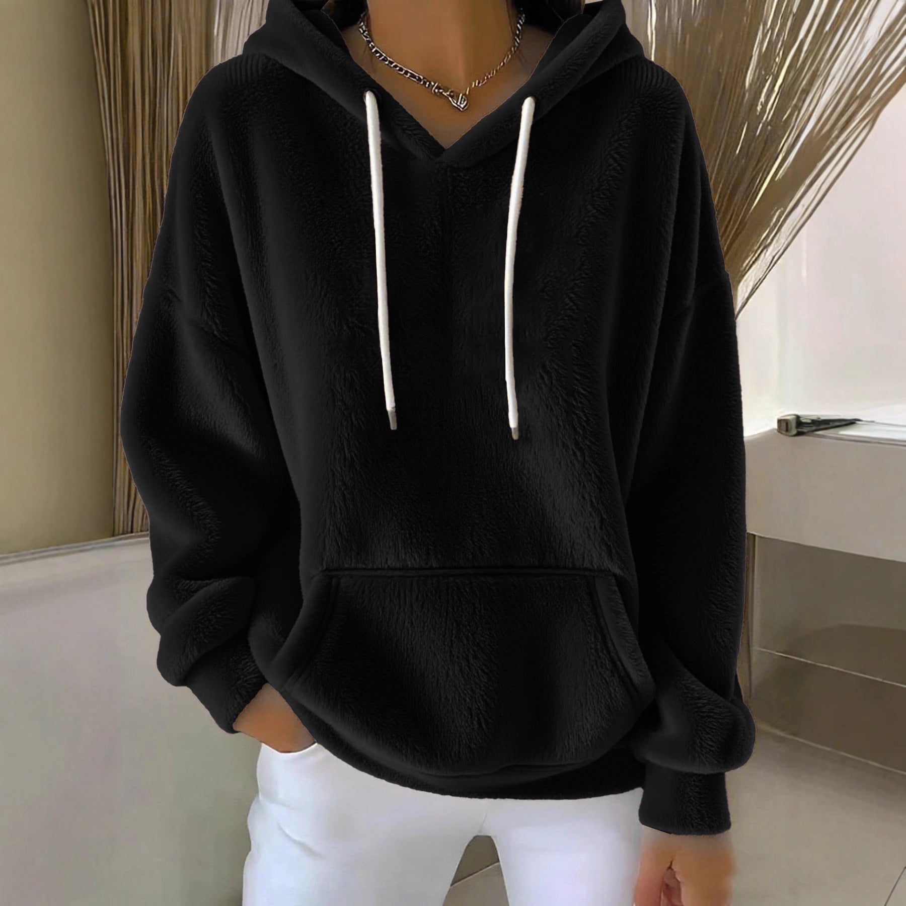 Women's Solid Color Lamb Fleece Lined Versatile Sweatshirt For Autumn And Winter