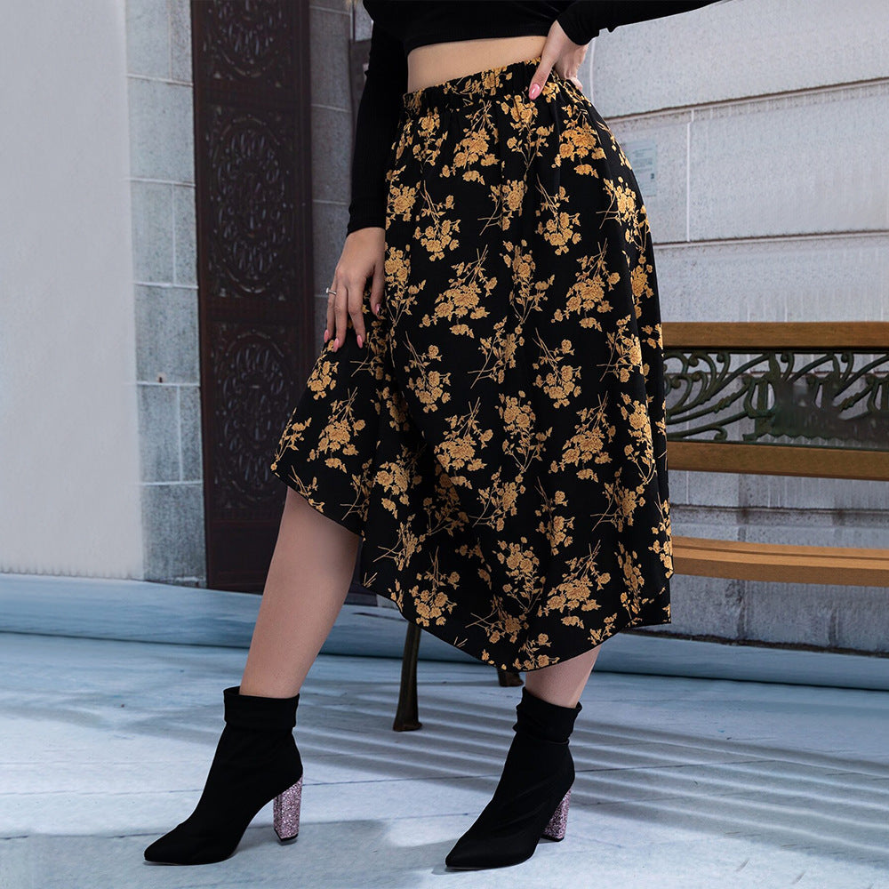 Commuter Style High-waisted Draped Floral Print Skirt