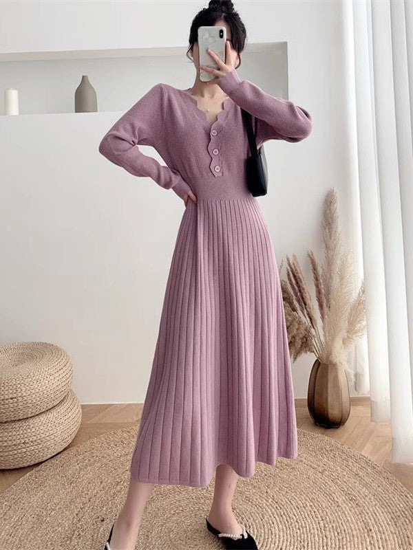 Women's Fashionable Waist-cinching Knitted Long-sleeve Dress