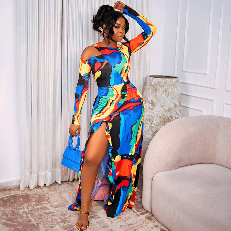 Women's Color Block Printed Split Hem Round Neck Long Sleeve Loose Dress