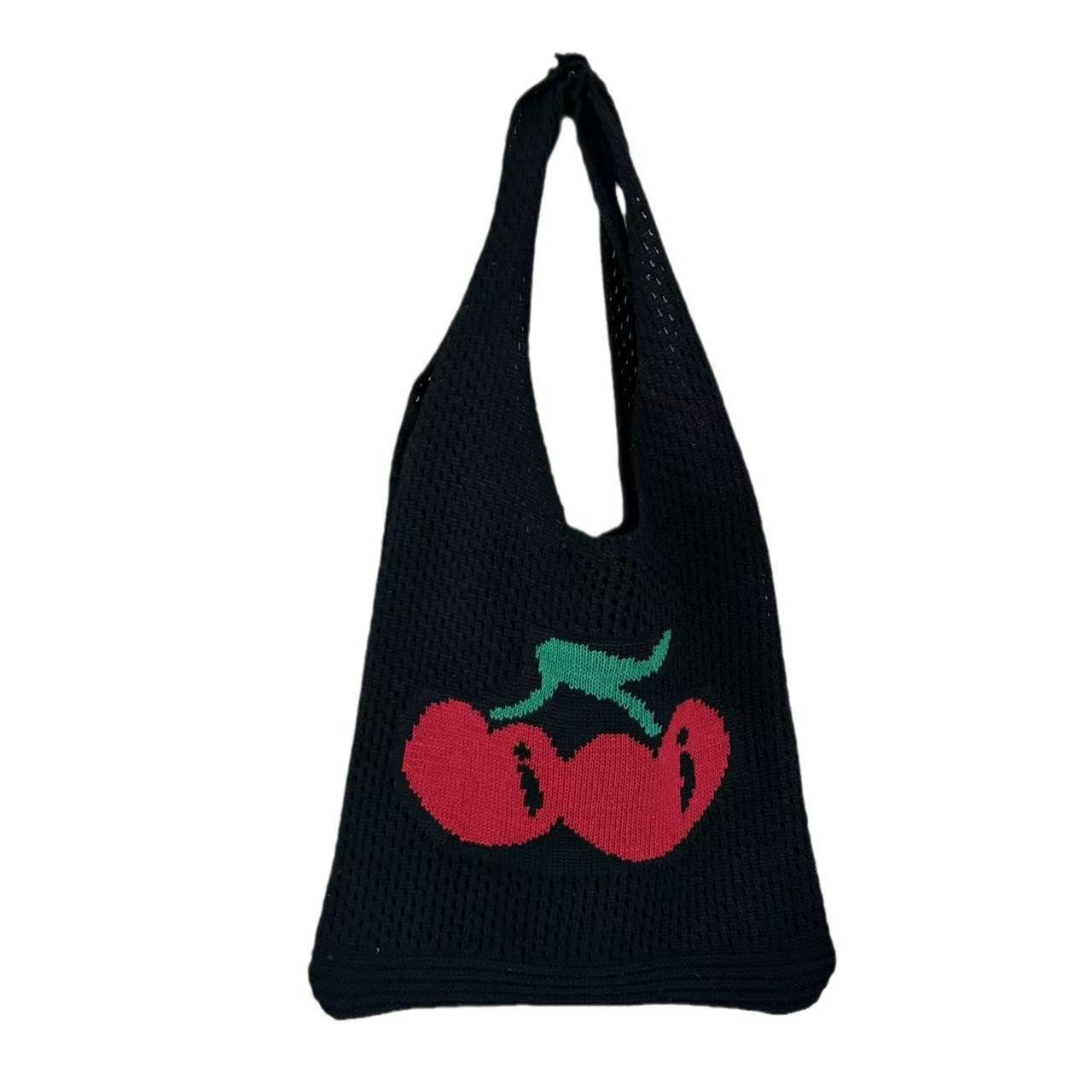 Large Capacity Totes Cherry Embroidered Handbag Knitted Hollow