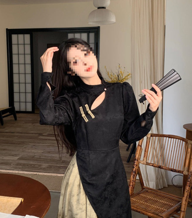 New Chinese-style Faux Two-piece Long-sleeve Dress Figure-flattering Mid-length Skirt For Women