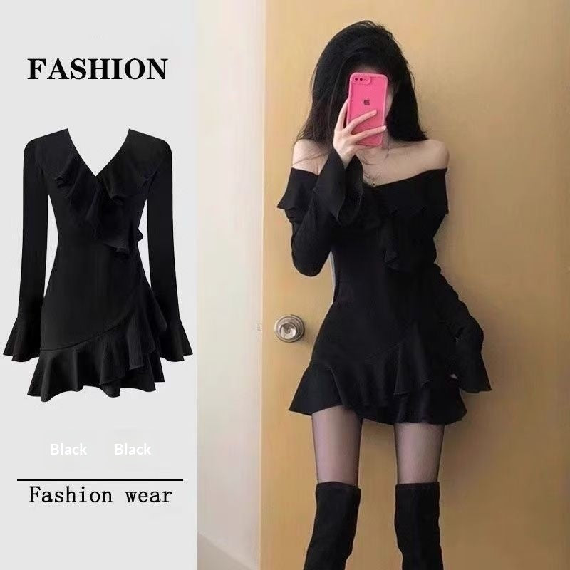 New Arrival Little Black Dress With Ruffled Hem V-neck And Flared Sleevessassy And Chic