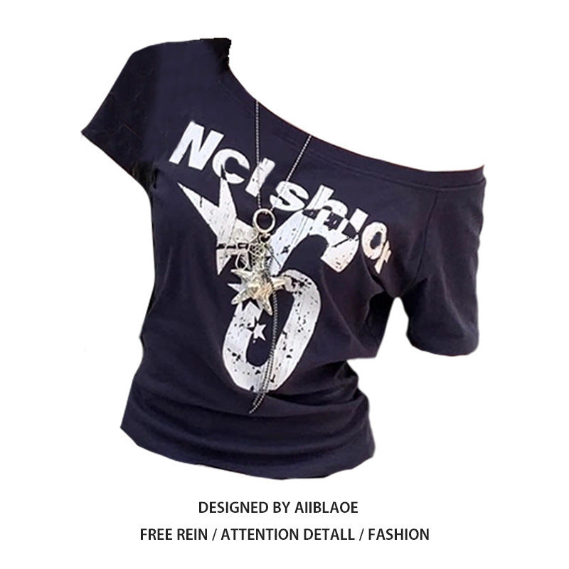 Oblique Shoulder Printed Short Sleeve Summer Slim-fit Crop-top