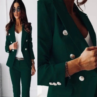 Casual Blazer Suit Slim Lapel Double-breasted Jacket And Zip-up Trousers Women's Clothing