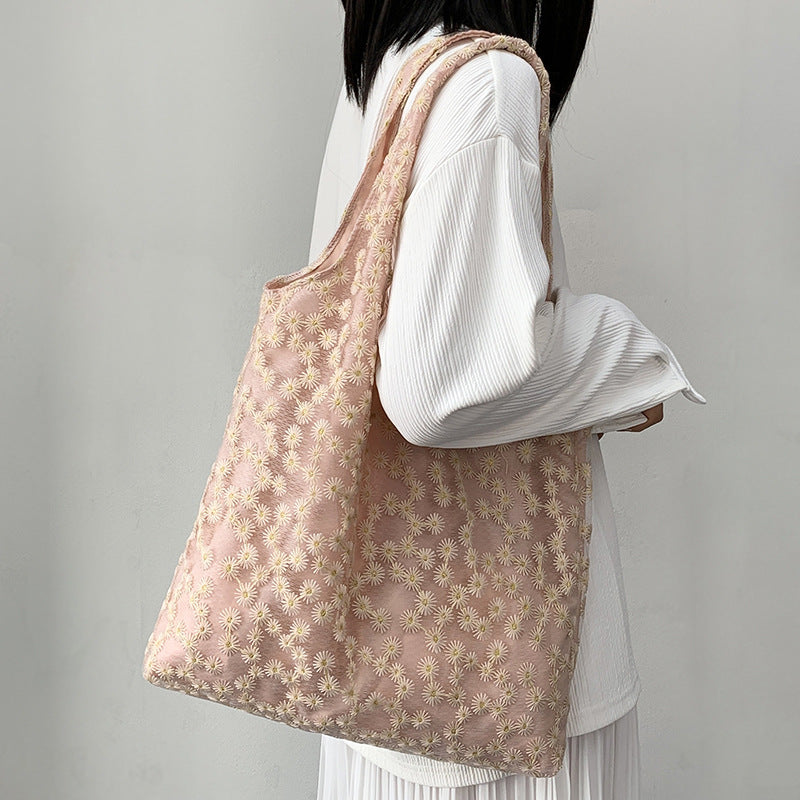 Embroidery Canvas Minimalism Flower Laced One-shoulder Bag