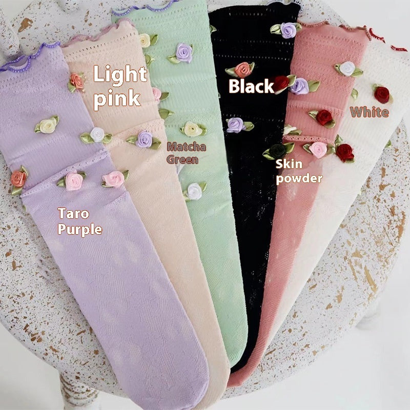 Spring And Summer Thin Rose Lace Tube Socks Women