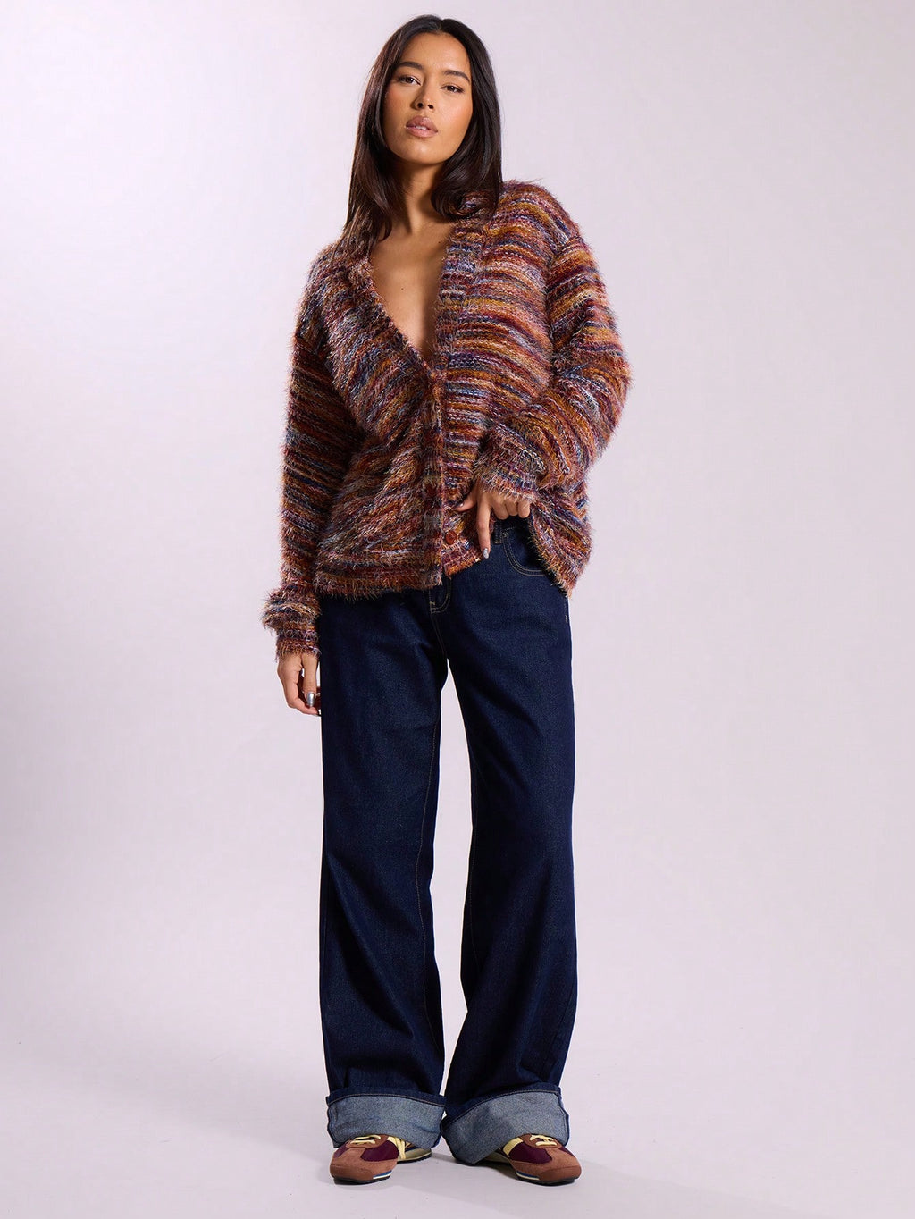 Winter Stripe Knitted Sweater Ins Button Cardigan Long Sleeved V-neck Cropped Tops For Women