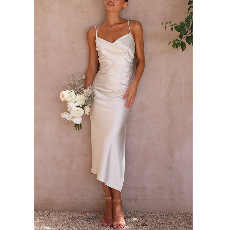 Sleeveless V-neck Pullover Dress Solid Color Bodycon Women