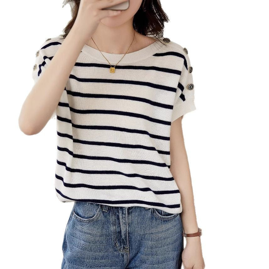 New Striped Top Ice Silk Short Sleeve Slimming And Flesh-covering T-shirt