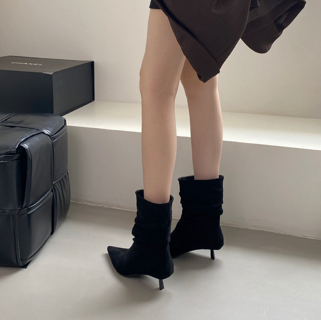 Women's Autumn Winter Pointed Toe High Heel Slimming Mid-Calf Boots