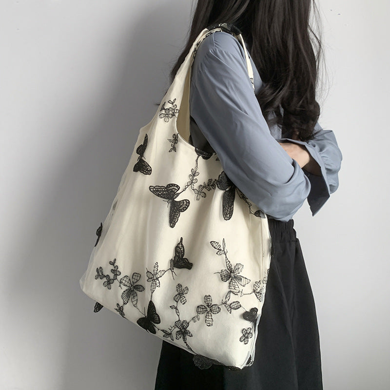Embroidered Black Butterfly Canvas Bag Lace Women's Artistic