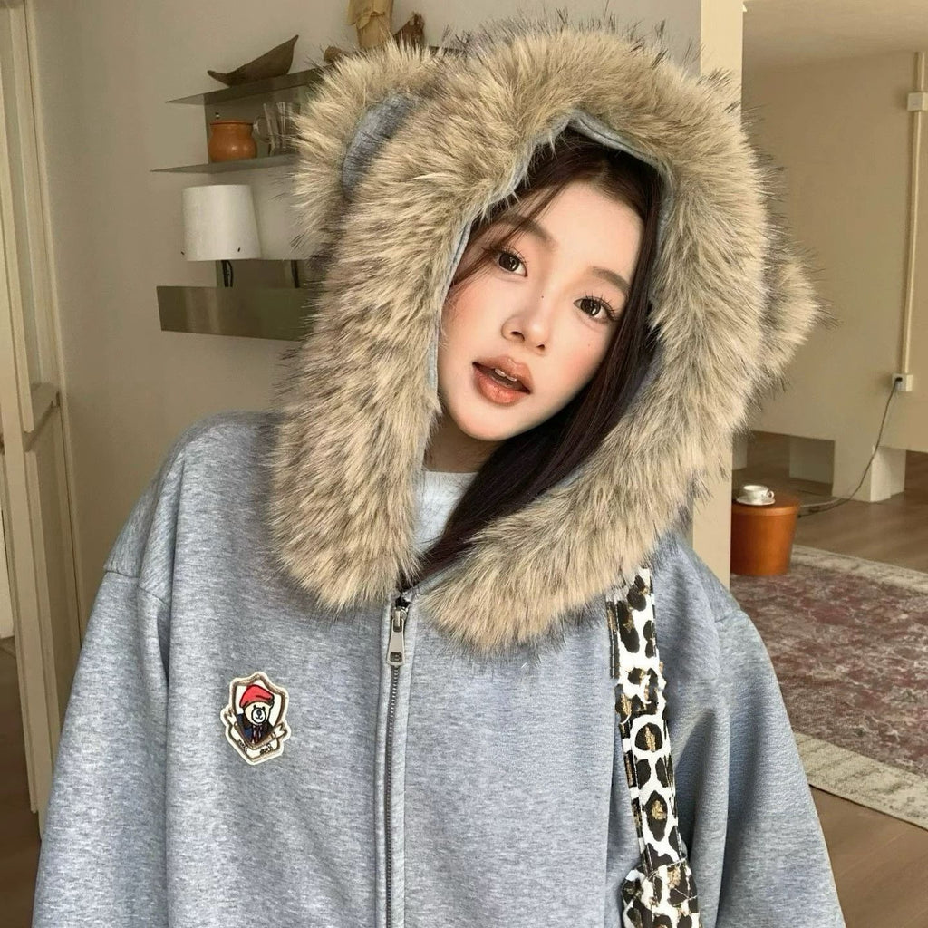 Korean Style Cute Bear Ears Fur Collar Hoodie Coat