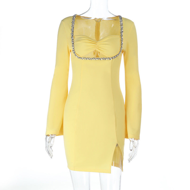 Square Necktie With Diamond Fine Glitter Sexy Slit Long Sleeve Dress