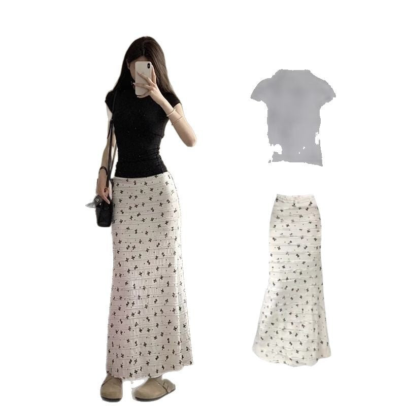 White Bow Floral Fishtail Midi Skirt For Women
