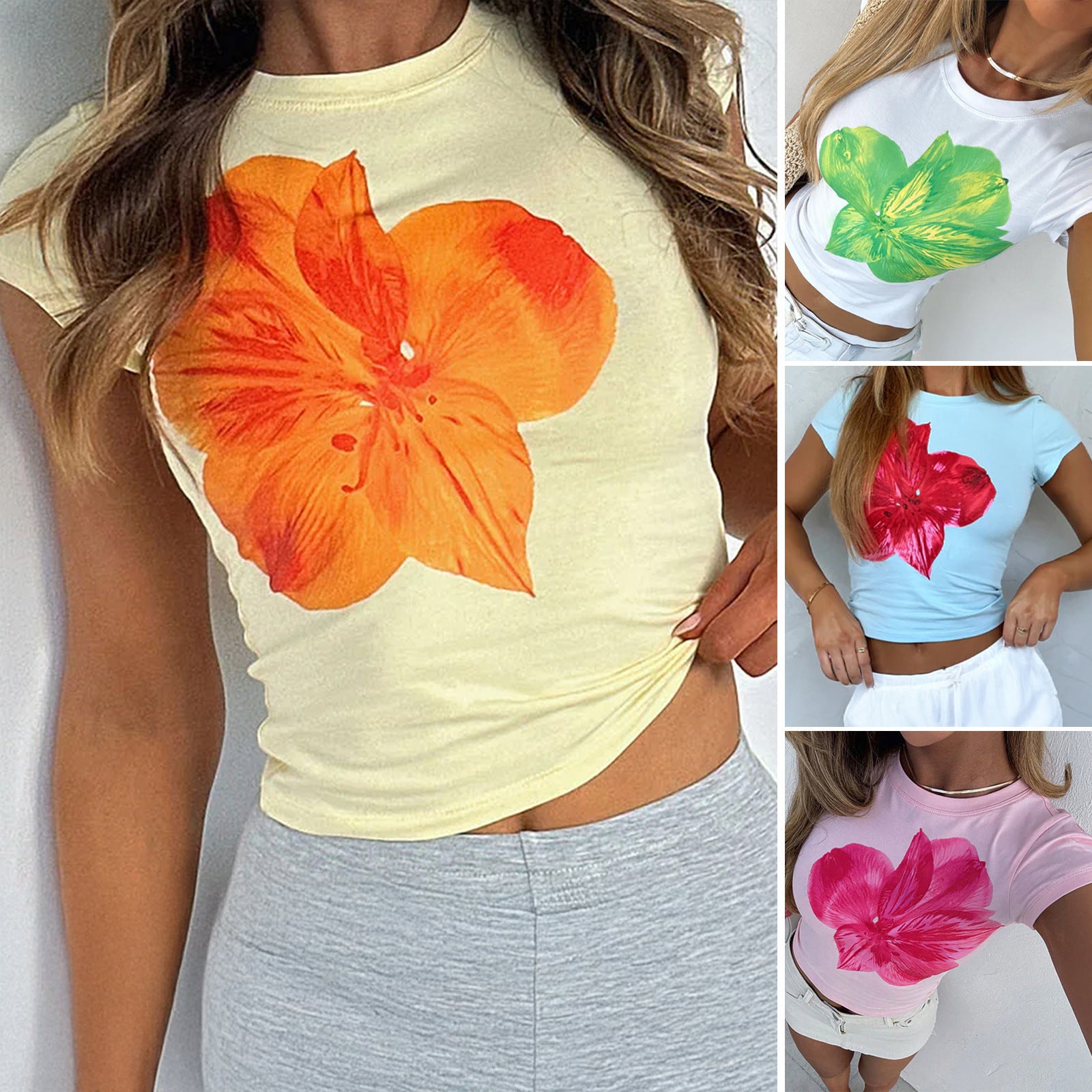 Polyester Women's Casual Slim-fit Waist Flower Printed Short-sleeved T-shirt