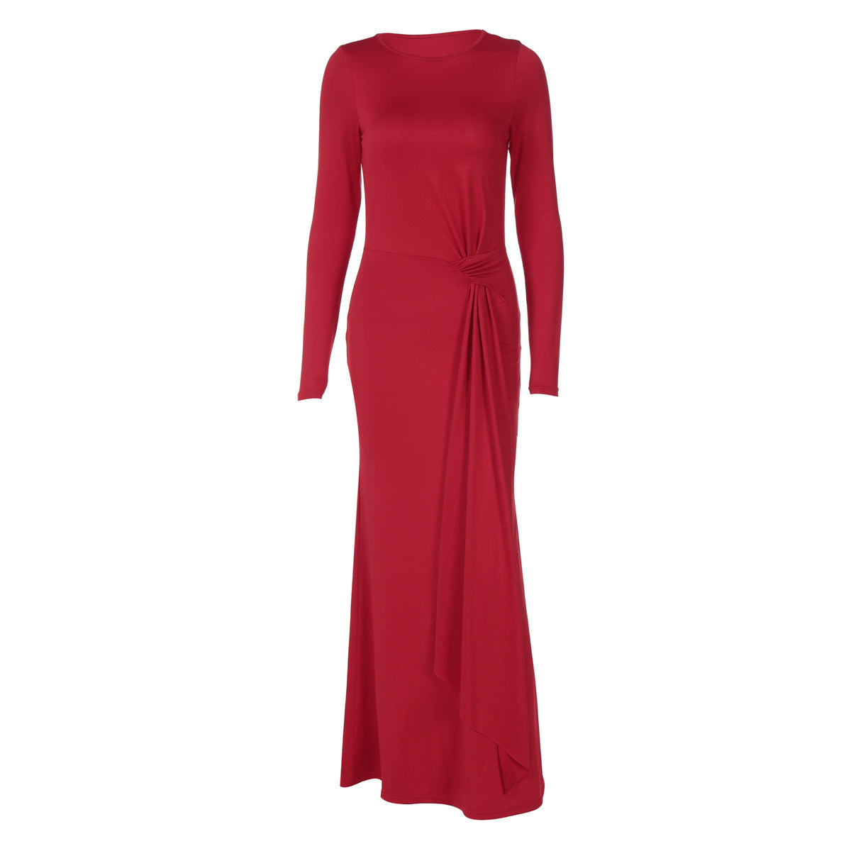 Solid Color Round-neck Long-sleeved Waist-defining Dress For Women