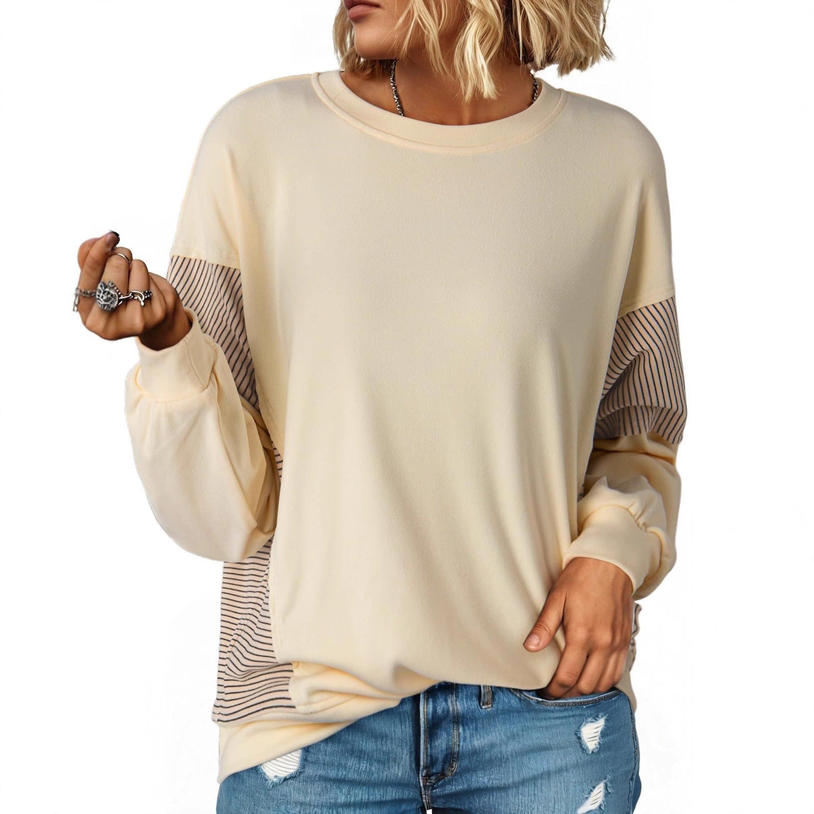 Striped Color-blocked Round Neck Versatile Casual Long-sleeved Sweatshirt