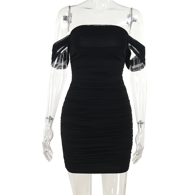 Ruched Mesh Spliced Off-the-Shoulder Dress