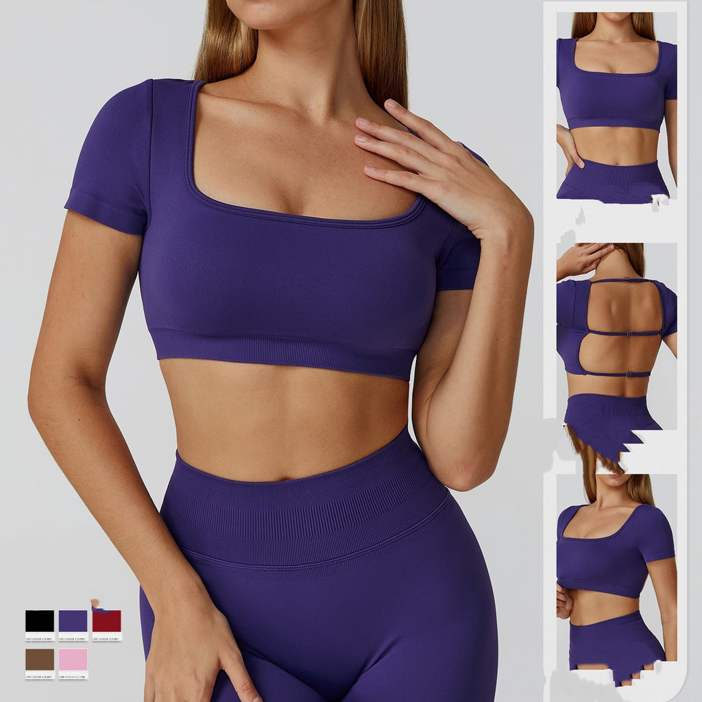 Autumn And Winter Seamless Yoga Clothes For Women Hollow-out Beauty Back Slim Fit Yoga Short Sleeve