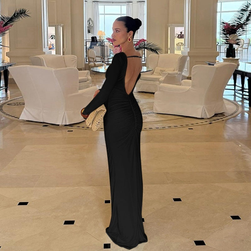 Temperament Slimming Printed Flared Sleeve Back-tie Dress For Women