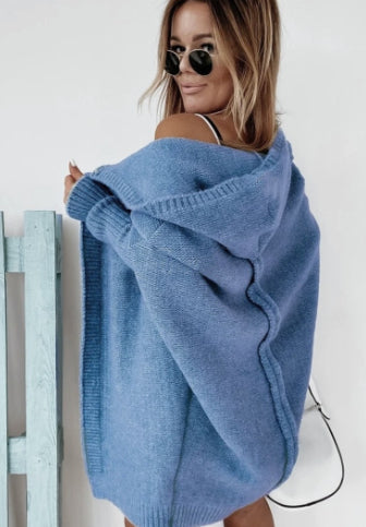 Ins Knitted Hooded Cardigan Fashion Loose Solid Color Batwing Sleeve Sweater Autumn And Winter Women's Clothing