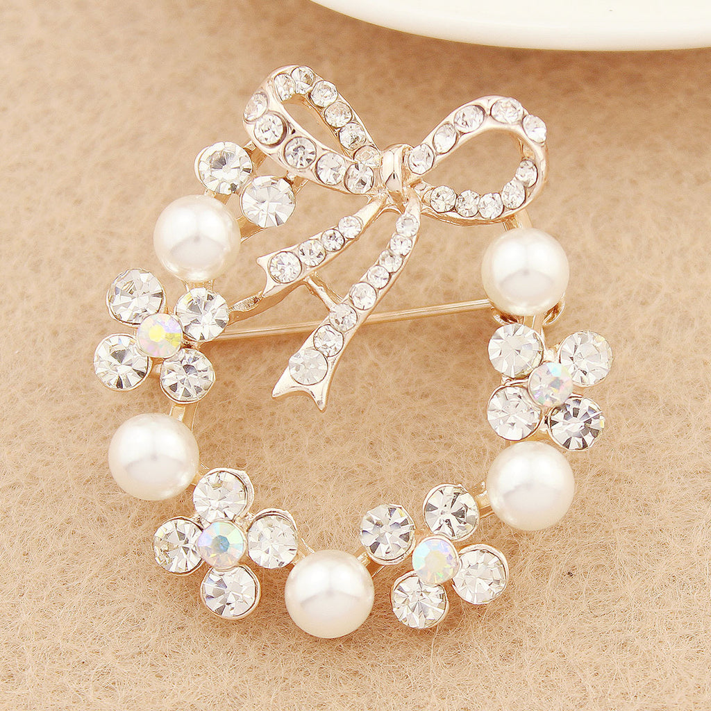 Pearl Rhinestone Bow Accessory Pin Brooch For Women