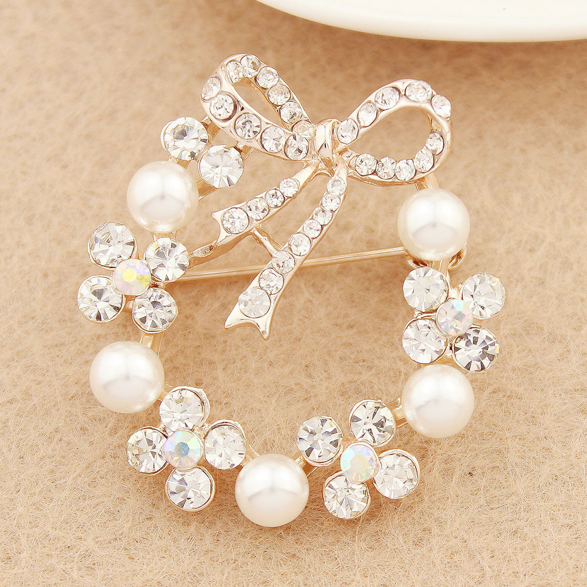Pearl Rhinestone Bow Accessory Pin Brooch For Women