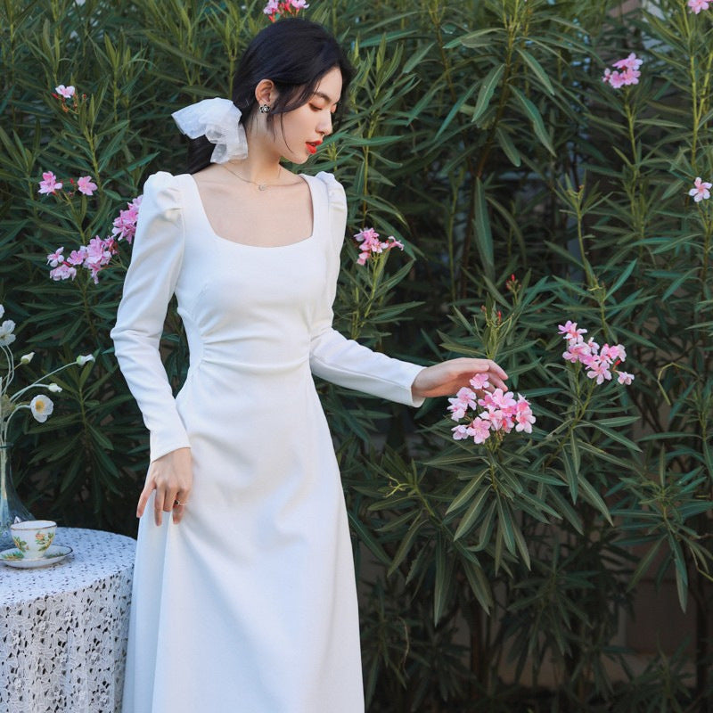 Unique White French Women's Square Neck Dress