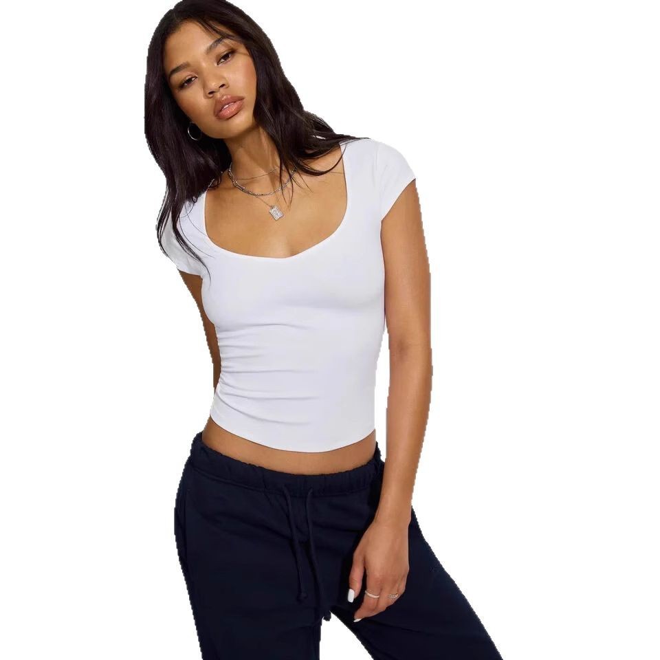 Summer Women's Slim Heart Collar Solid Color Casual Short Sleeve