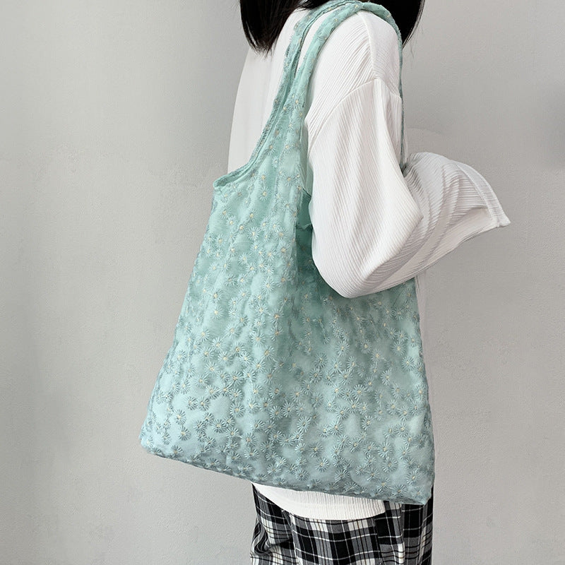 Embroidery Canvas Minimalism Flower Laced One-shoulder Bag