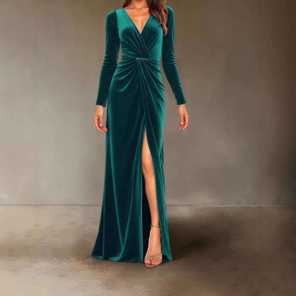 V Neck Pleated Sheath Dress With An Elegant Slit And A Figure Hugging Fit