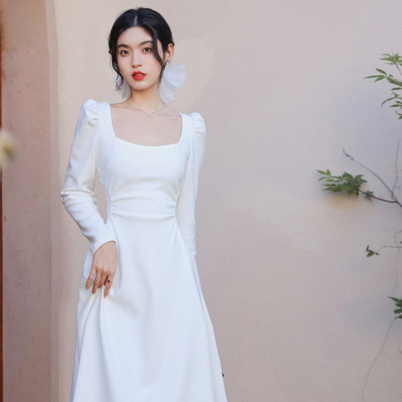 Unique White French Women's Square Neck Dress