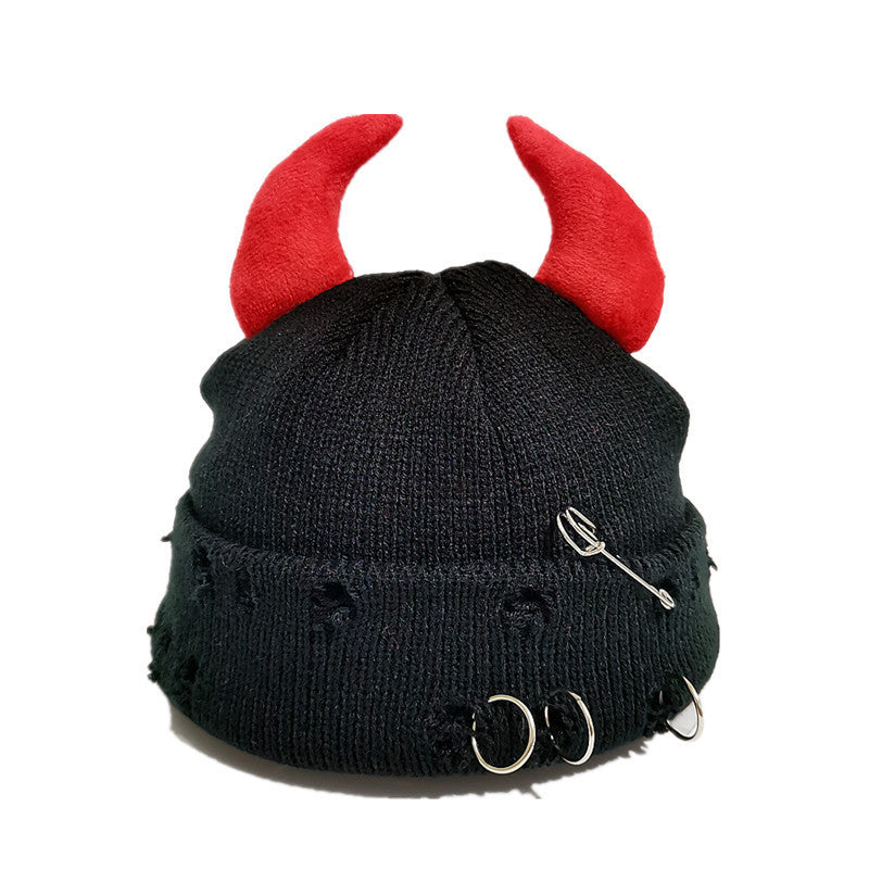 Knitted Wool Hat With Hole-decorated Gourd-shaped Devil-ear Pins