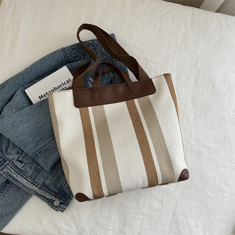 Women's Contrast Color Striped Canvas Handbag