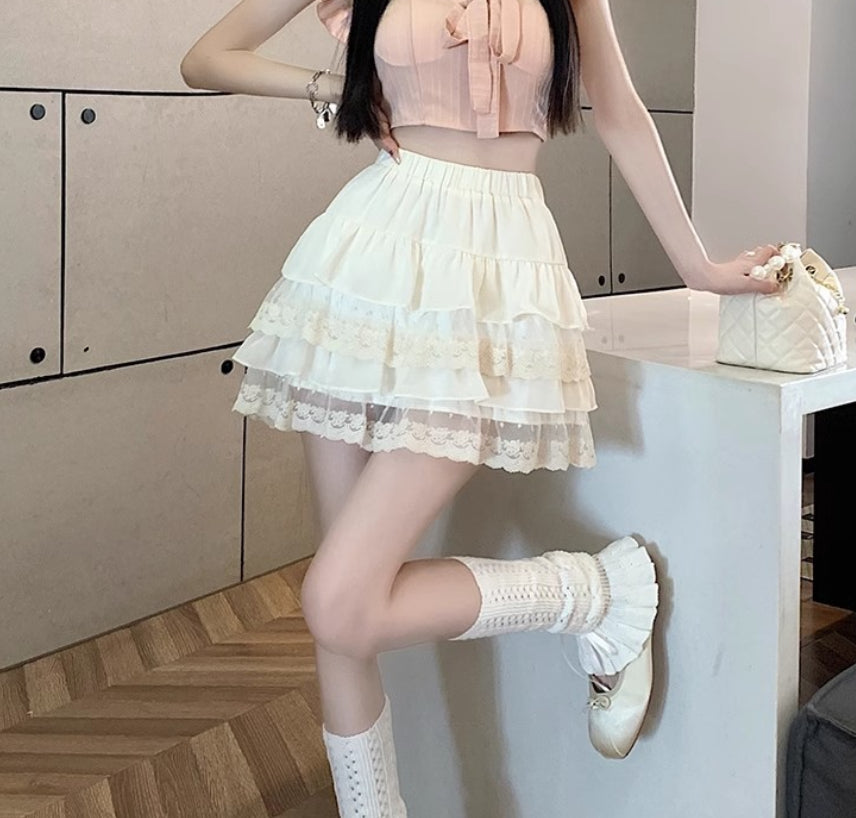 Lace-trimmed Cake-style Short Skirt For Women