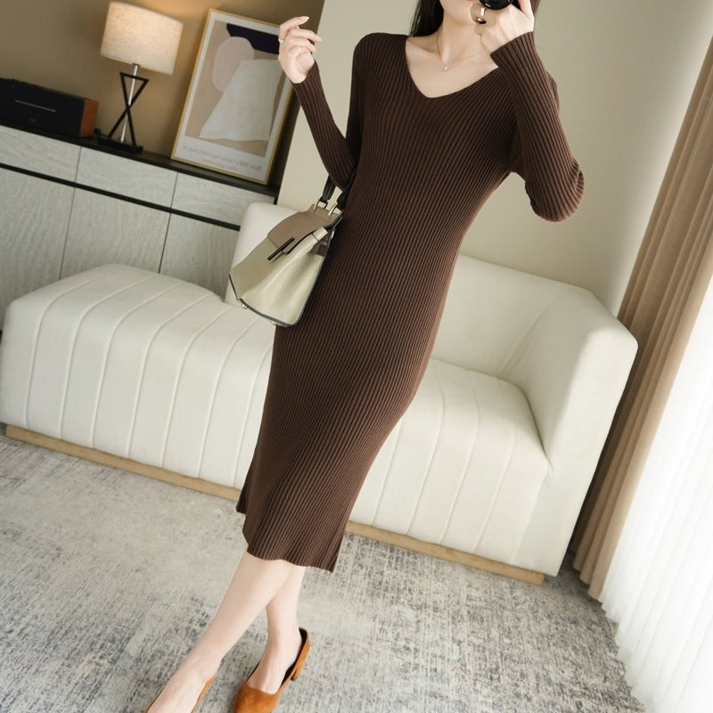 Long-sleeve Knitwear Autumn And Winter New Versatile Slim-fit V-neck Long Tight Sweater Dress For Women